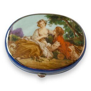 Antique Prussia Blue Porcelain Trinket Box Francois Boucher for Vanity Dresser
